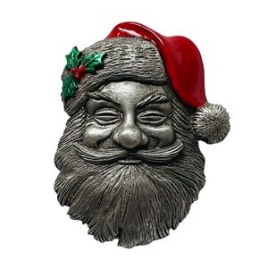 Vintage Signed JJ Pewter And Enamel Santa Brooch